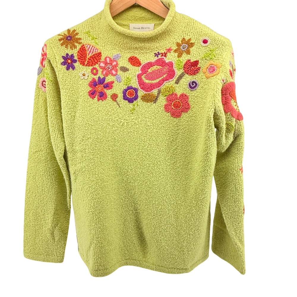 Susan Bristol Vtg 2002 Hand Embroidered Floral Wool Blend Sweater‎ cottgecore LG